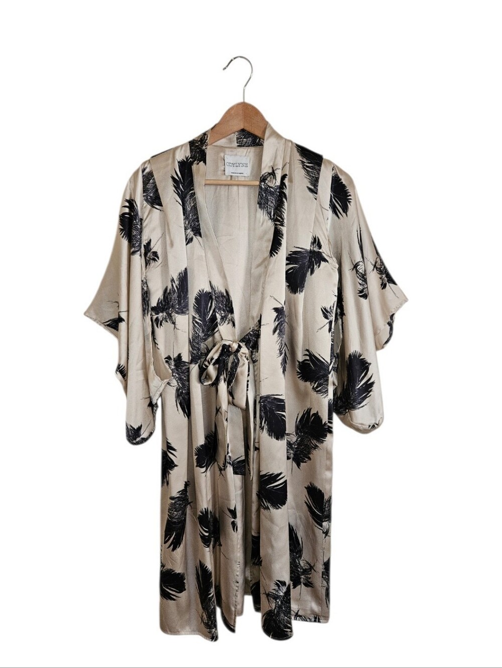 Odylyne Cream Satin Kimono Robe with Black Feather Print Size S/M